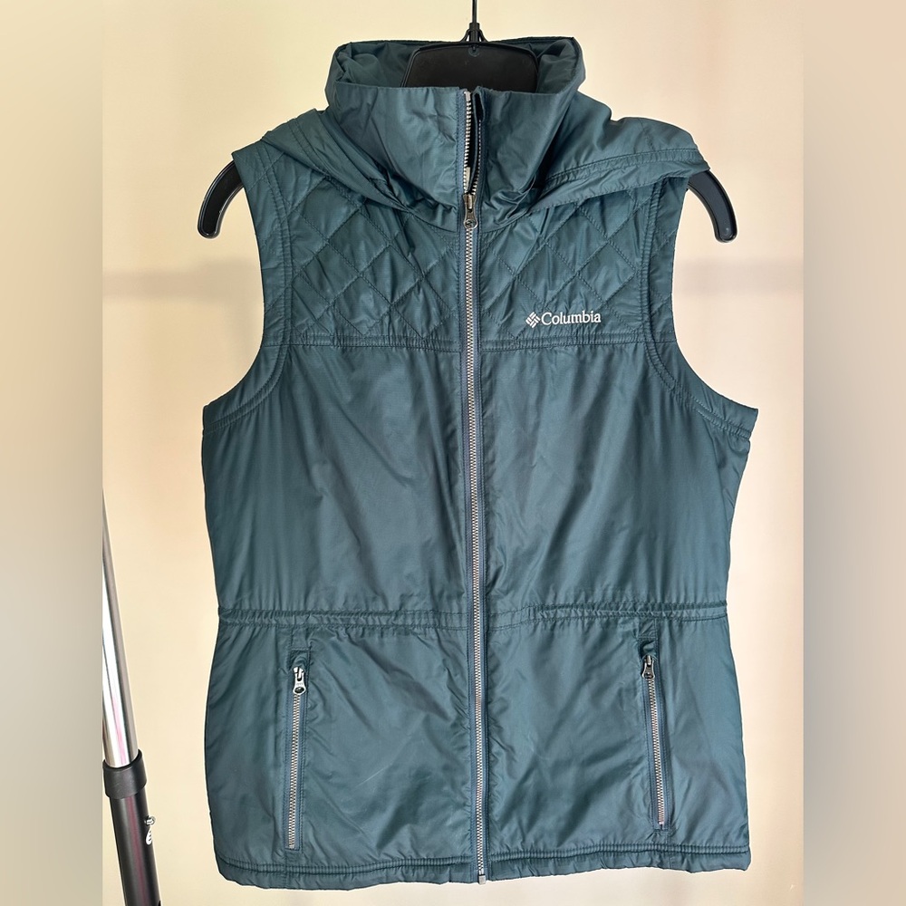 Columbia Teal Hooded Quilted Vest Sleeveless Full Zipper Adjustable Womens M